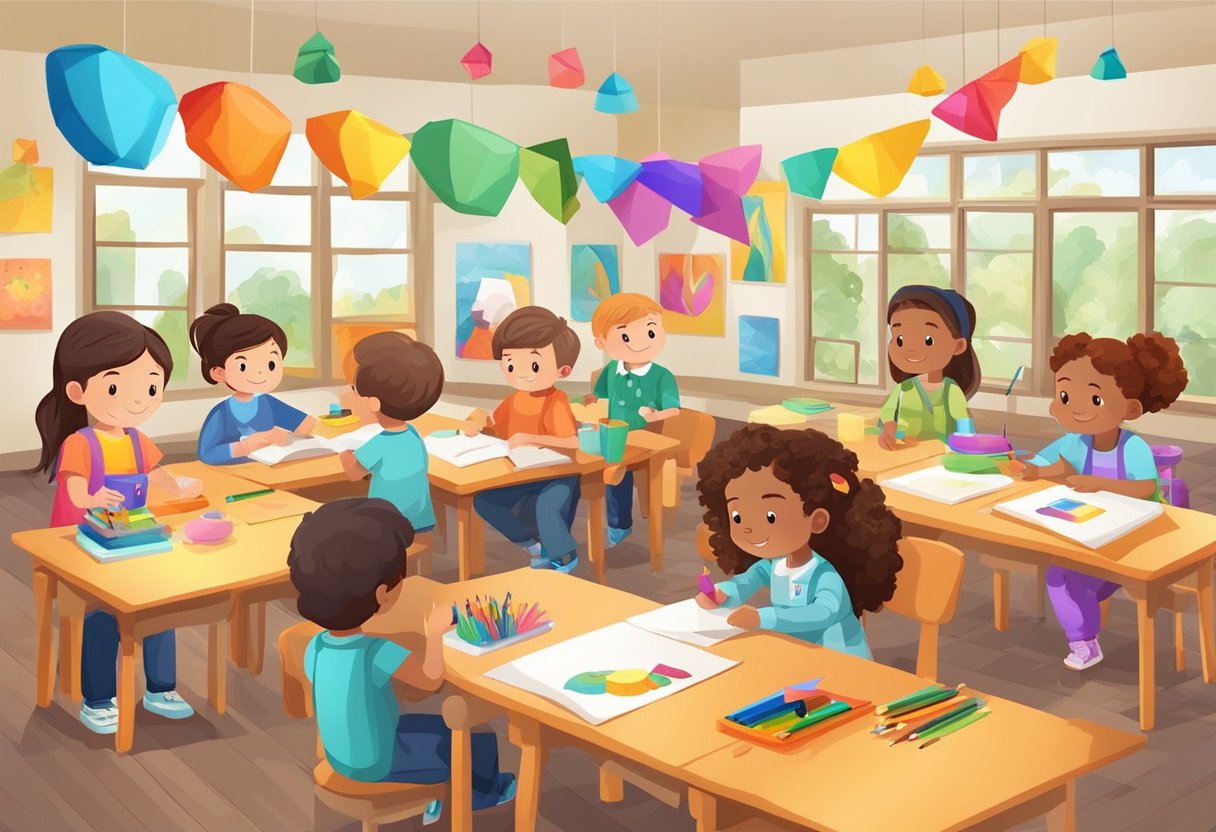 Interactive Arts and Craft Resources: Creative Discovery arts and craft,arts LearningMole Arts and craft: A colorful classroom with children working on various art projects, surrounded by interactive arts and craft resources