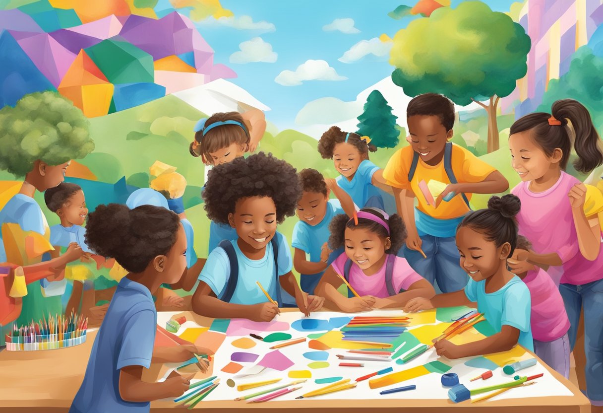 Interactive Arts and Craft Resources: Creative Discovery arts and craft,arts LearningMole Arts and craft: A diverse group of children working together on a colorful mural, using various art supplies and materials to create a collaborative masterpiece