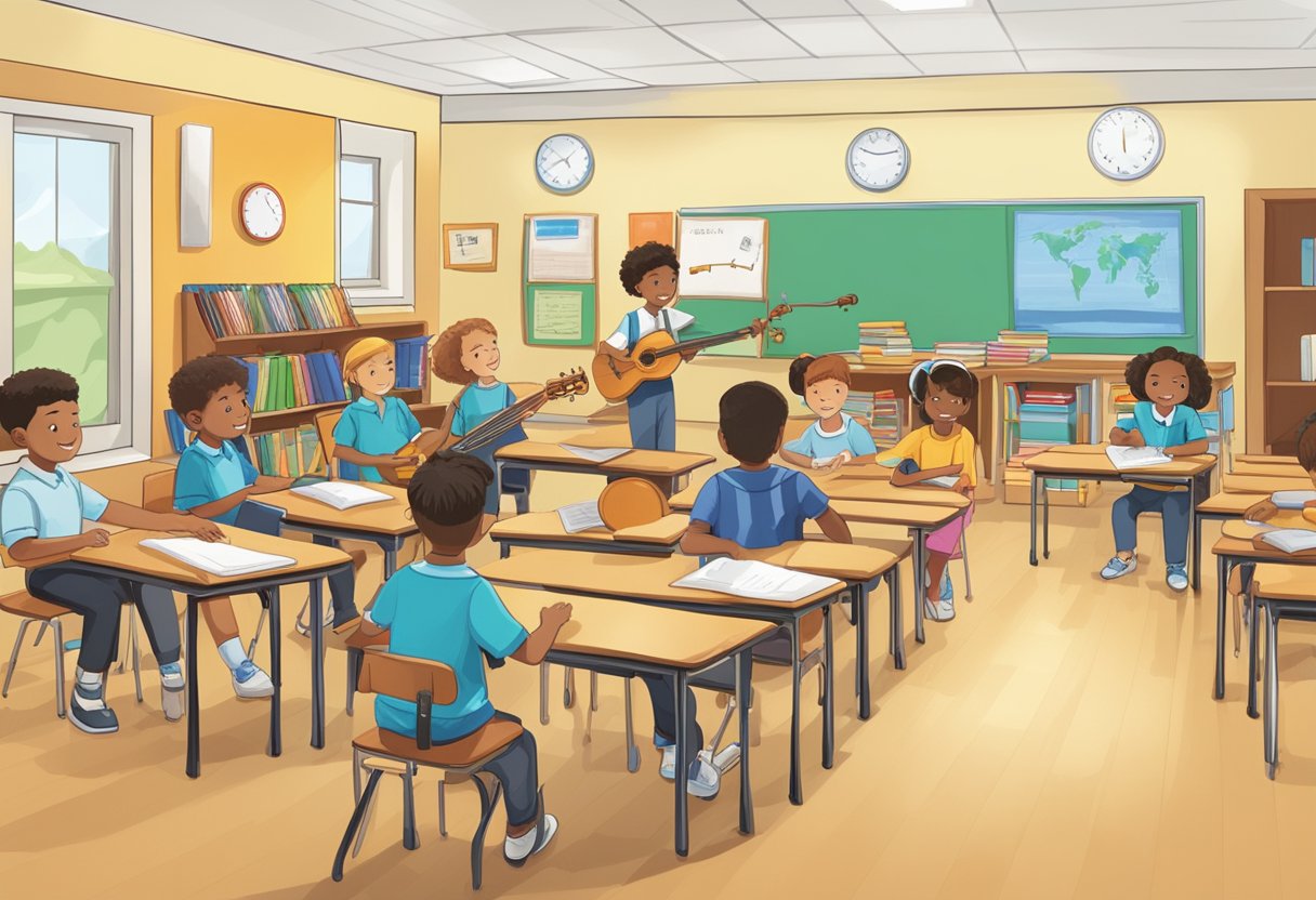 Progress Tracking in Instrumental Skills: Charting Your Musical Journey Instrumental Skills,student LearningMole A classroom with musical instruments and charts showing progress, while students engage in assessment activities