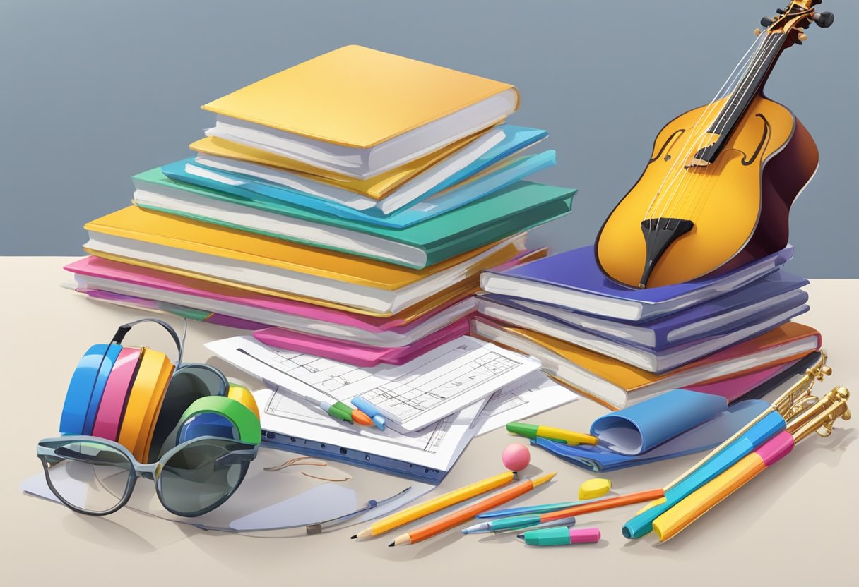 Progress Tracking in Instrumental Skills: Charting Your Musical Journey Instrumental Skills,student LearningMole A stack of assessment forms and a progress tracking chart surrounded by musical instruments