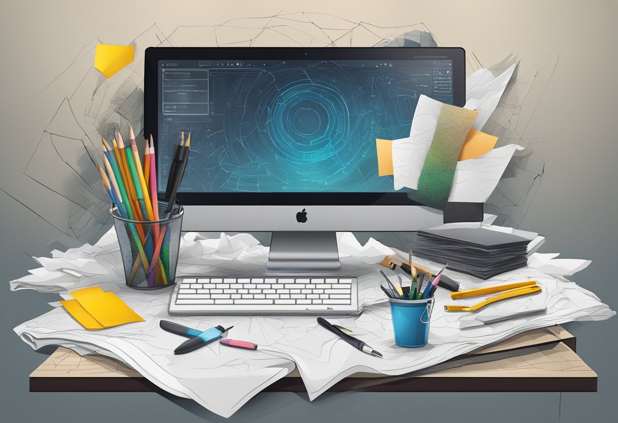 Digital Arts & Multimedia: Common Mistakes digital art LearningMole A computer screen displaying a digital art program with various tools and layers, surrounded by scattered eraser marks and crumpled paper