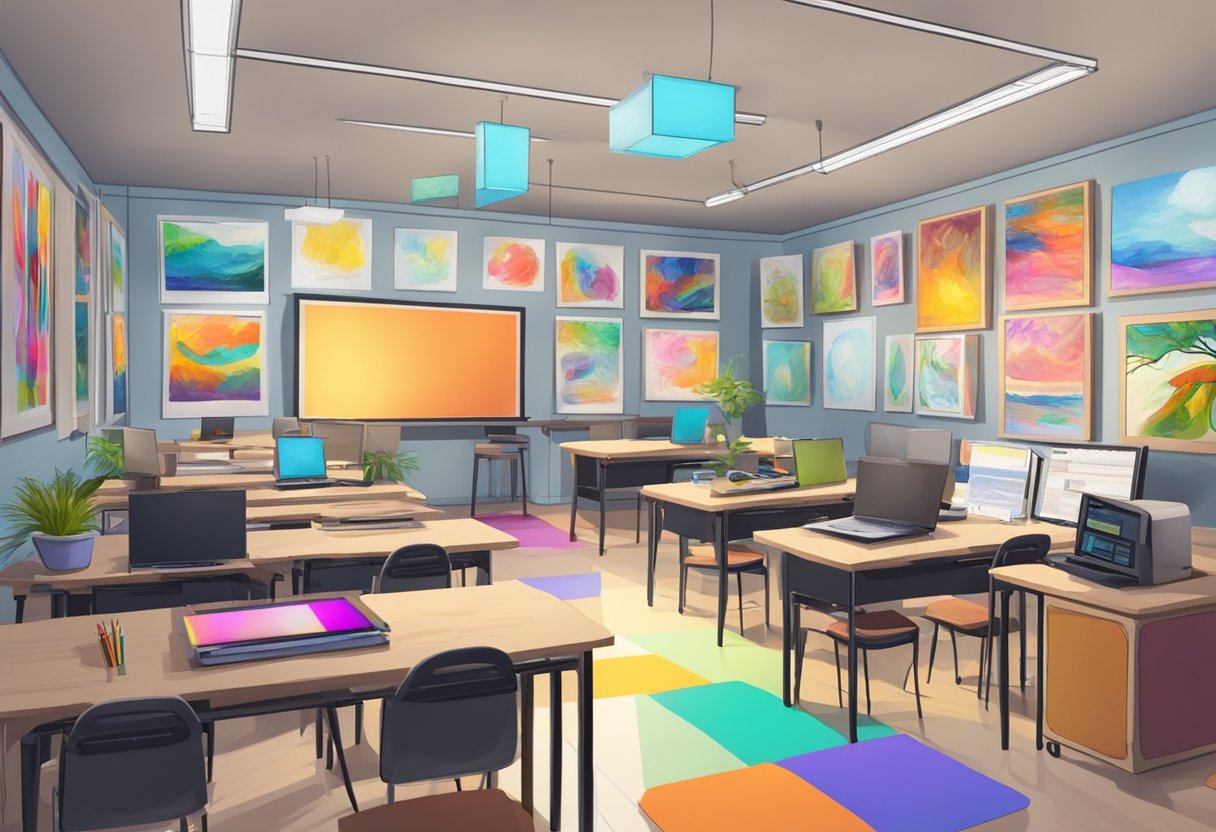 Trends in Digital Arts and Multimedia Education Digital arts,Multimedia LearningMole Digital arts: A classroom with digital art tools and equipment, surrounded by colorful artwork and multimedia projects on display