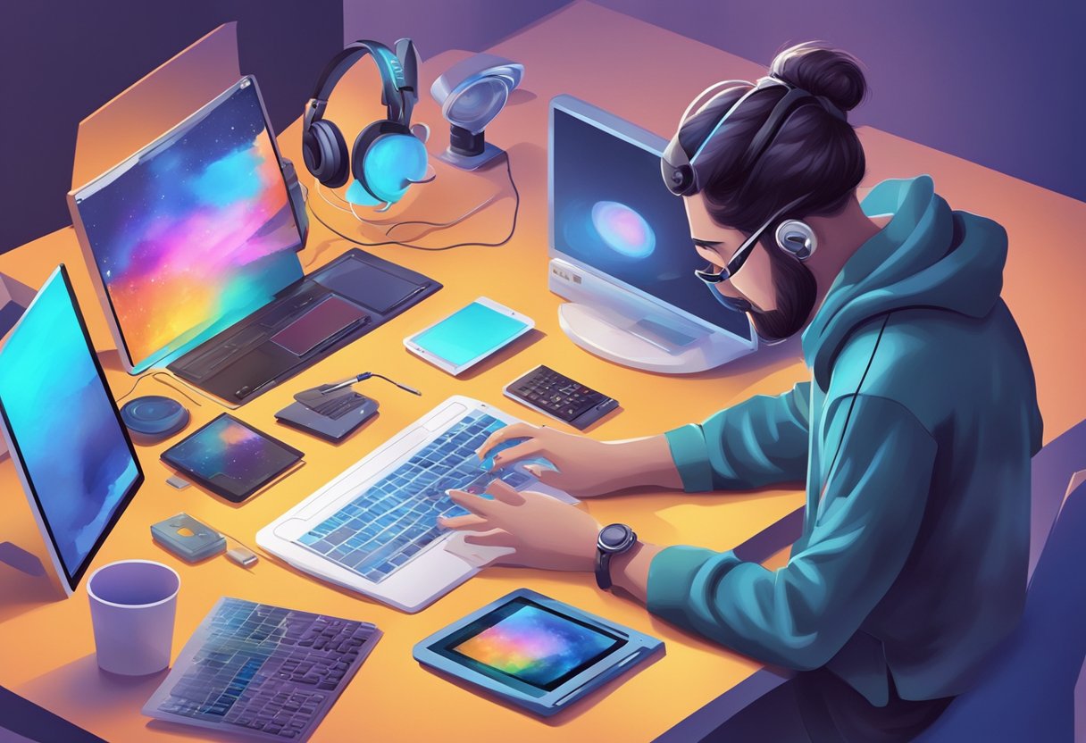 Trends in Digital Arts and Multimedia Education Digital arts,Multimedia LearningMole A digital artist creating original multimedia pieces, surrounded by various electronic devices and tools, while exploring new trends in digital arts and intellectual property