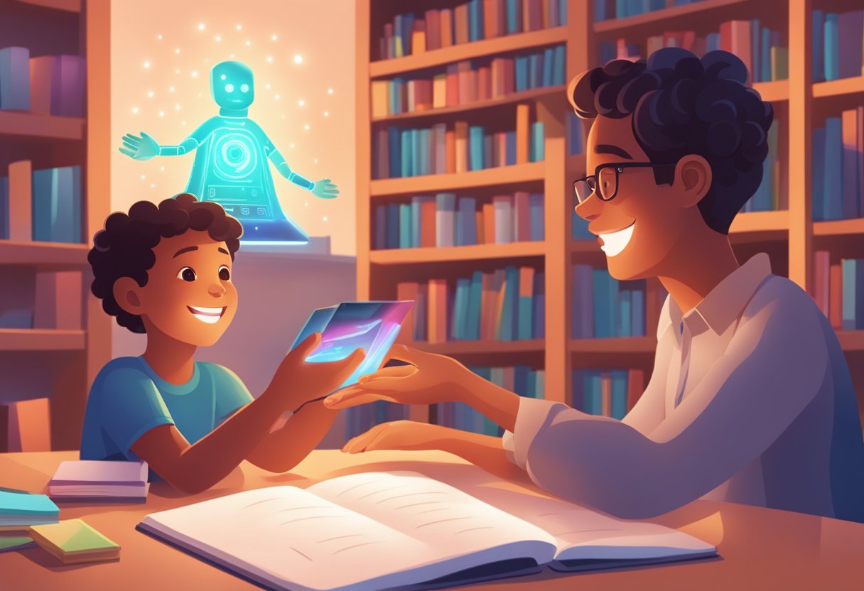 A child's hand reaches out to touch a glowing AI learning tool, while a parent looks on with a smile, surrounded by books and educational materials