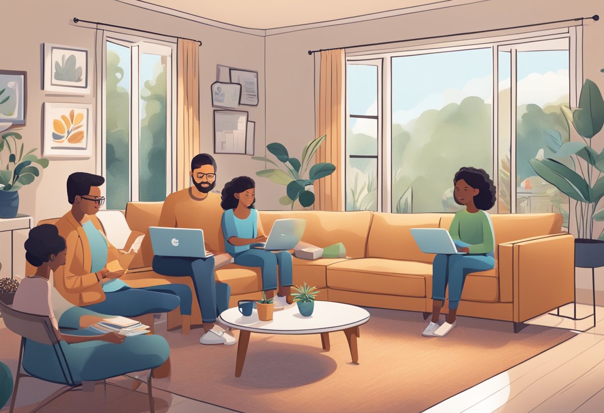 A cozy living room with a family gathered around a table, exploring AI learning tools on a laptop and tablet. Books about AI are scattered on the coffee table