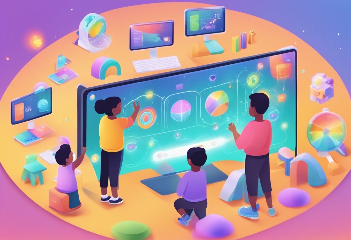 A group of children engage with colorful, interactive AI learning tools under the guidance of a parent figure. The tools display educational content and respond to the children's interactions