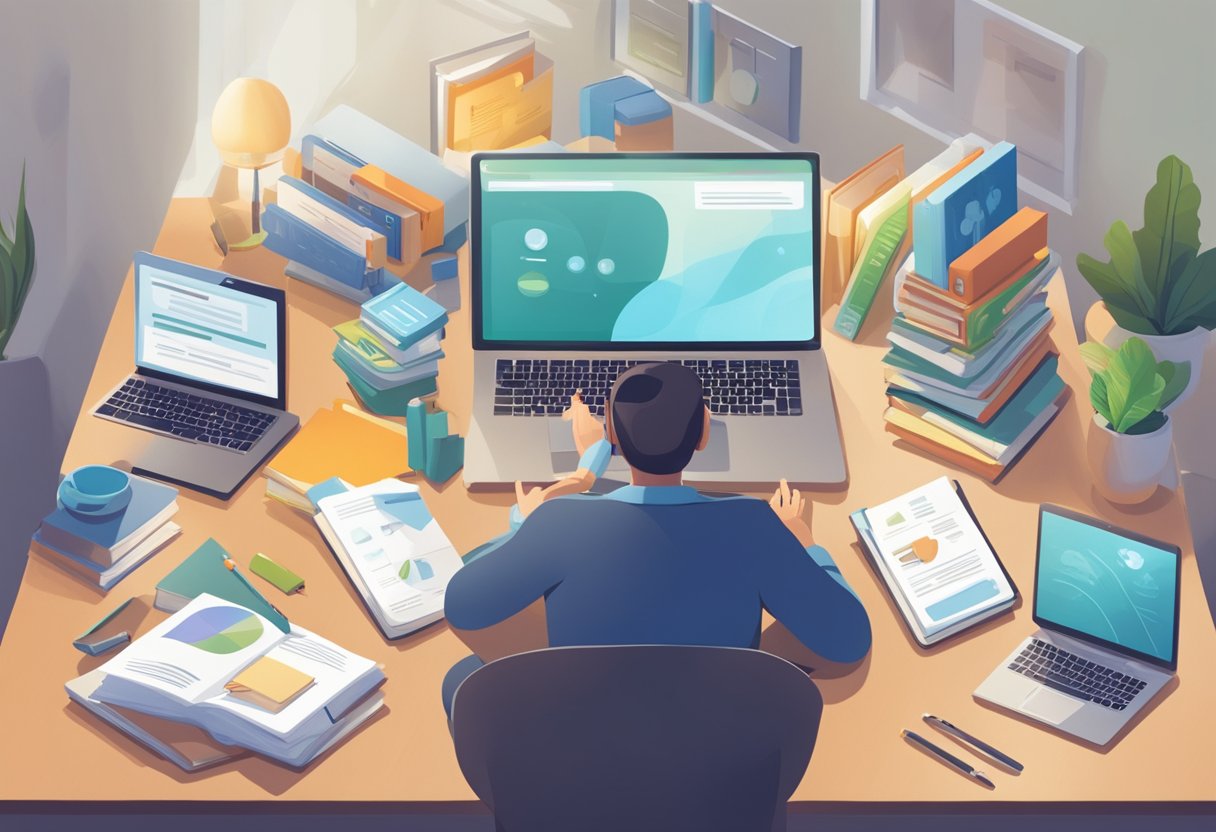 A parent sits at a desk, surrounded by AI learning tools and educational materials. A laptop, tablet, and smartphone are spread out, while a bookshelf in the background holds various textbooks and reference materials