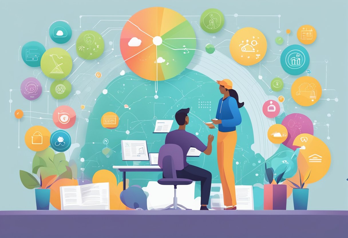A colorful infographic displaying various AI learning tools with parent figures looking at it