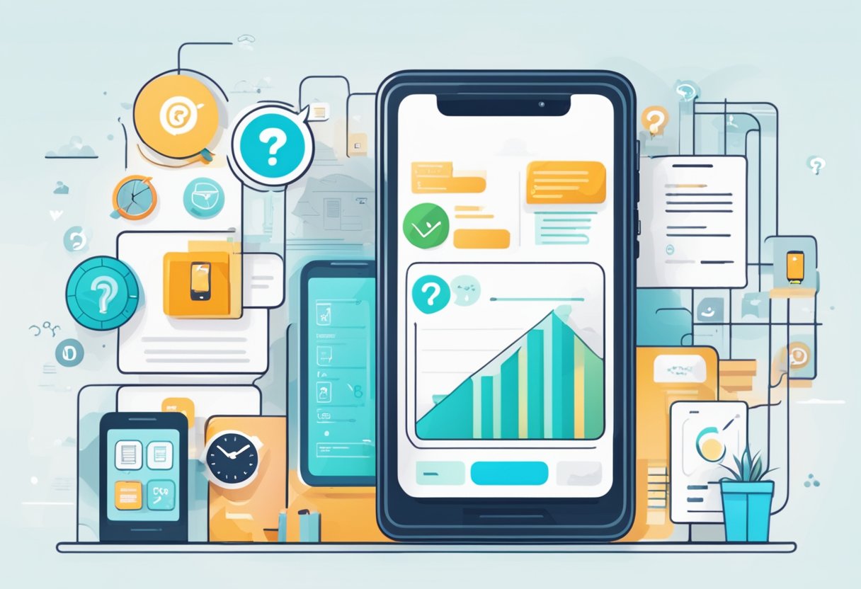 A smartphone displaying a screen time management app with AI, surrounded by various frequently asked questions related to the app's usage and features