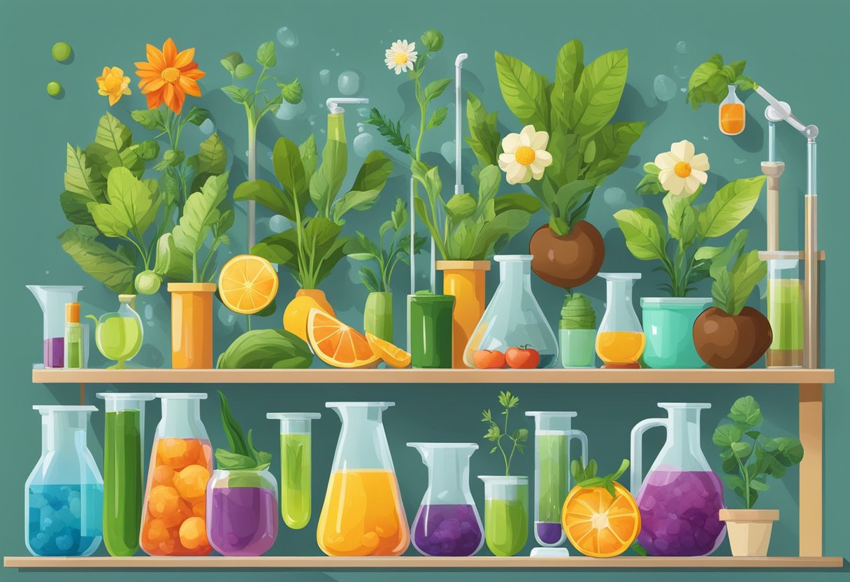 A colorful array of plants, including flowers, fruits, and vegetables, are surrounded by beakers, test tubes, and magnifying glasses on a laboratory table