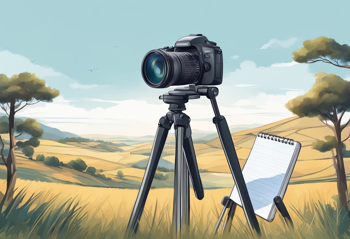 Guide to Teaching Photography Basics: Simple Tips for Beginners Photography basics,Photography LearningMole Photography basics: A camera on a tripod facing a landscape with a clear sky, a photographer adjusting settings, and a notebook with photography tips open on a table