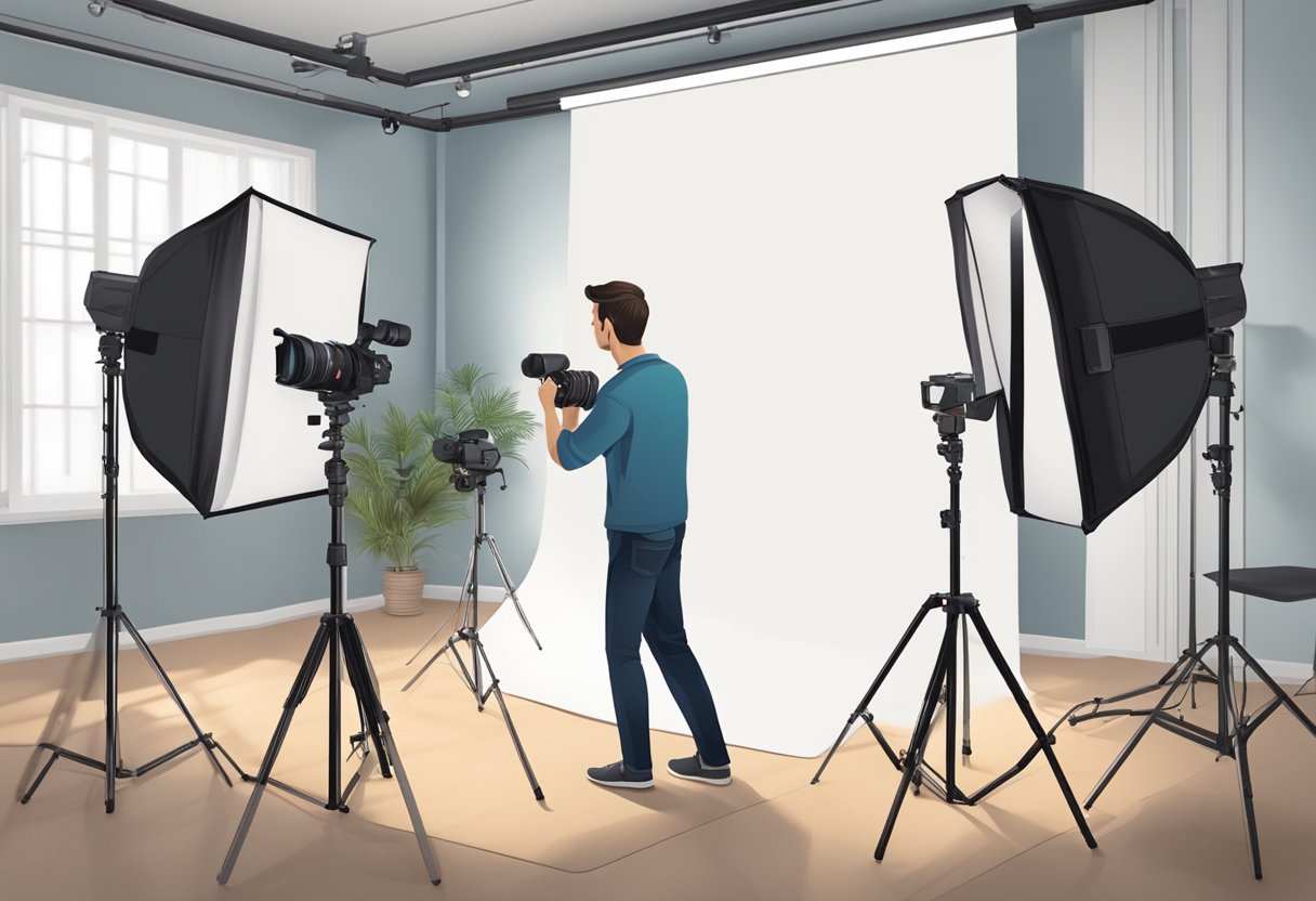 Guide to Teaching Photography Basics: Simple Tips for Beginners Photography basics,Photography LearningMole Photography basics: A photographer adjusting camera settings while holding a portrait lens, with a softbox and reflector set up in a studio