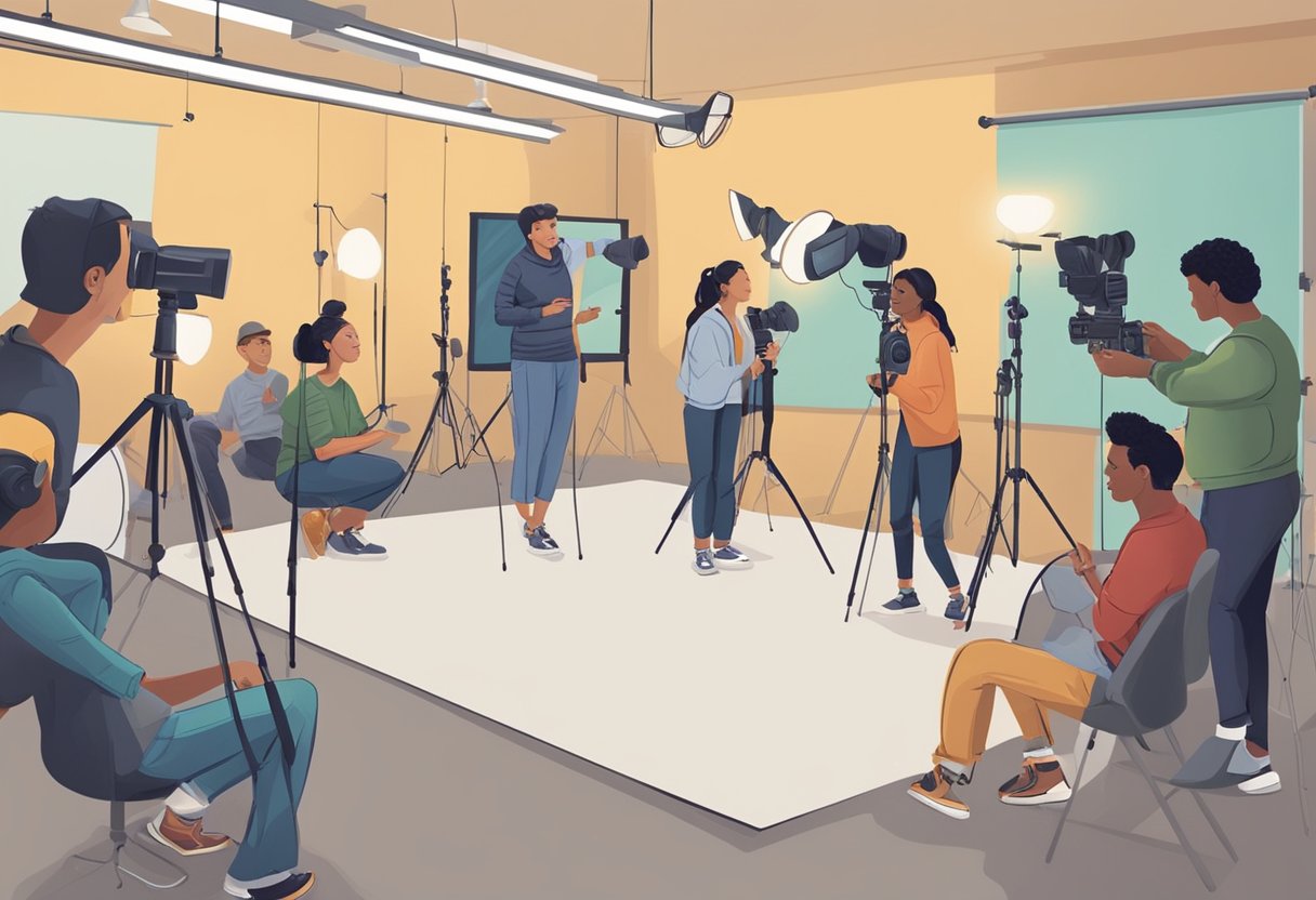 Guide to Teaching Photography Basics: Simple Tips for Beginners Photography basics,Photography LearningMole Photography basics: A photographer teaching basic techniques to a group of students in a studio setting with cameras and lighting equipment