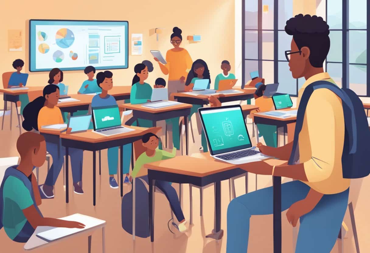 Current Examples of AI-Enhanced Educational Apps: Transforming Learning AI-enhanced educational apps,education LearningMole AI-enhanced educational apps: A classroom setting with students using AI-enhanced educational apps on tablets while a teacher observes and interacts with the technology