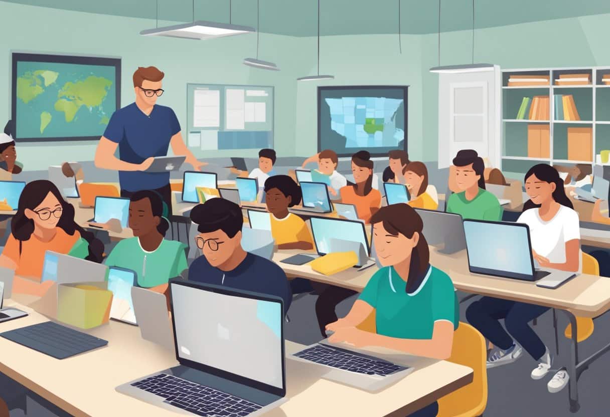 Current Examples of AI-Enhanced Educational Apps: Transforming Learning AI-enhanced educational apps,education LearningMole AI-enhanced educational apps: A classroom setting with a group of students using tablets and laptops to interact with educational apps, while a teacher observes and analyzes data on a computer screen