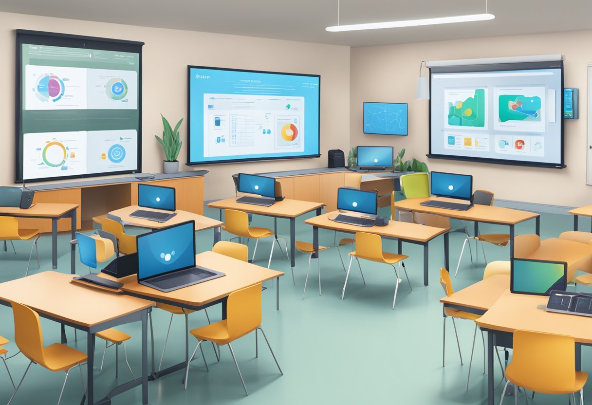 A classroom setting with AI technology integrated into the learning environment, such as smart boards, tablets, and virtual reality headsets, to enhance accessibility and personalized learning for students