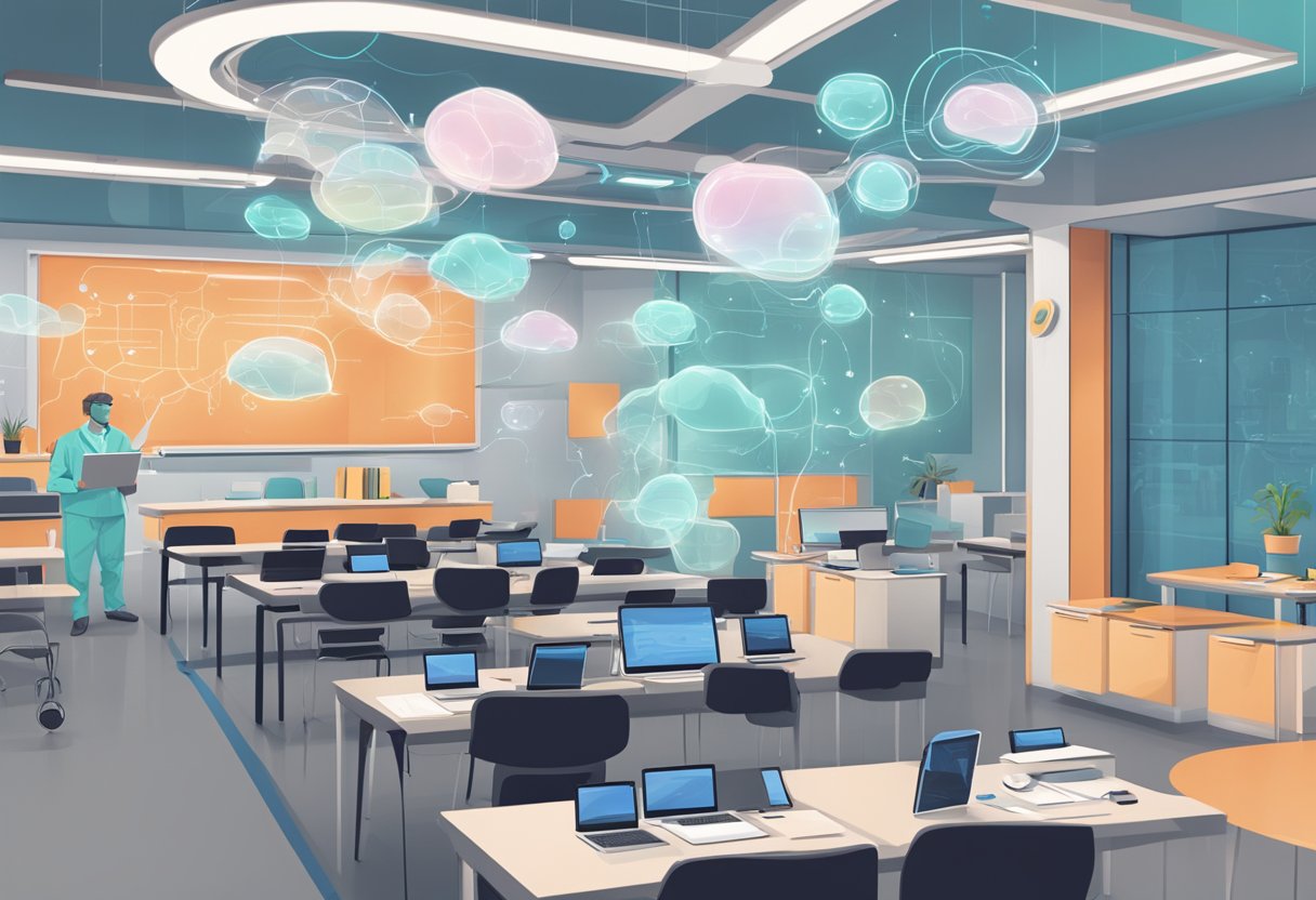 A futuristic classroom with AI-powered devices and abstract thought bubbles representing psychological impacts