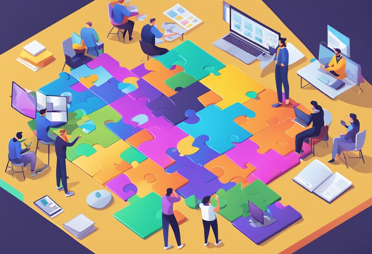 Exploring New Trends in Puzzles and Games Education Puzzles and Games,education LearningMole A group of diverse individuals collaboratively brainstorming and experimenting with various puzzle and game designs, surrounded by colorful materials and innovative technology