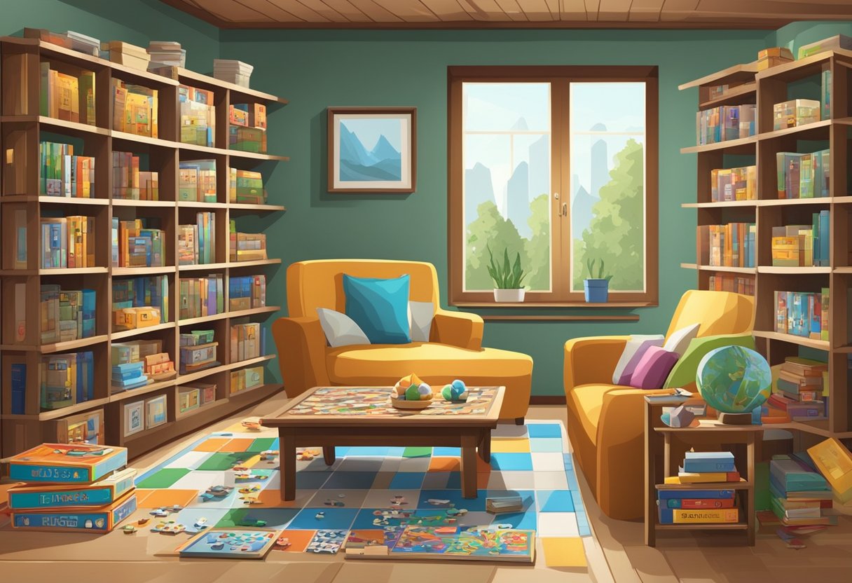 Exploring New Trends in Puzzles and Games Education Puzzles and Games,education LearningMole A family room with a table covered in various board games and puzzles, surrounded by shelves filled with game boxes and educational materials
