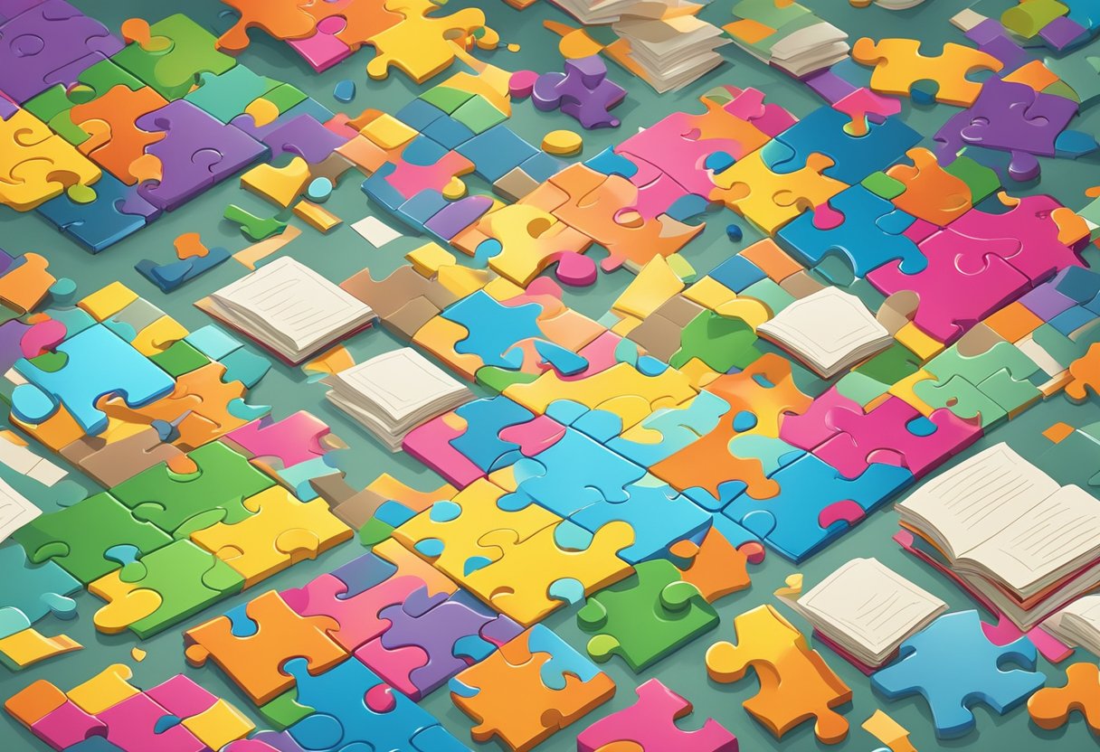 Exploring New Trends in Puzzles and Games Education Puzzles and Games,education LearningMole A colorful array of puzzle pieces and game components spread out on a table, surrounded by books and educational materials