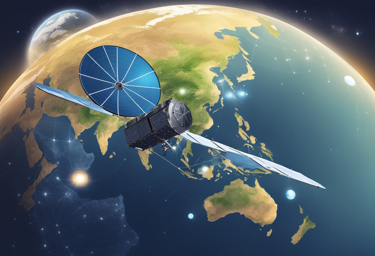 A satellite orbiting Earth with data being transmitted and tracked from a control center on the ground