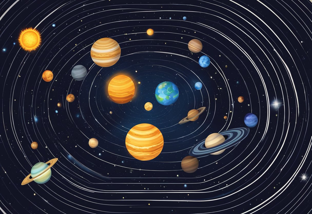 A solar system with planets orbiting around the sun, surrounded by stars and galaxies in the vastness of space