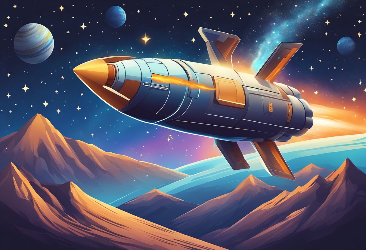 A rocket ship launching into space amidst a backdrop of stars and planets