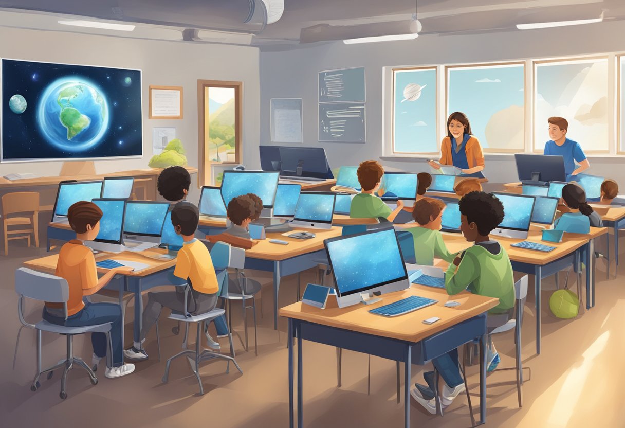 A classroom with students using computers, telescopes, and tablets to explore Earth and space topics across different subjects