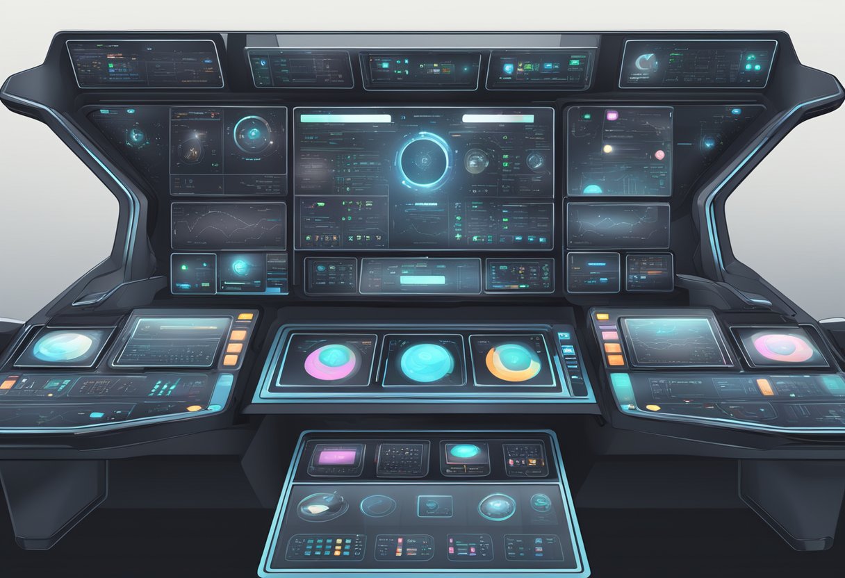 A futuristic control panel with various screens and buttons, displaying data on space projects and progress tracking