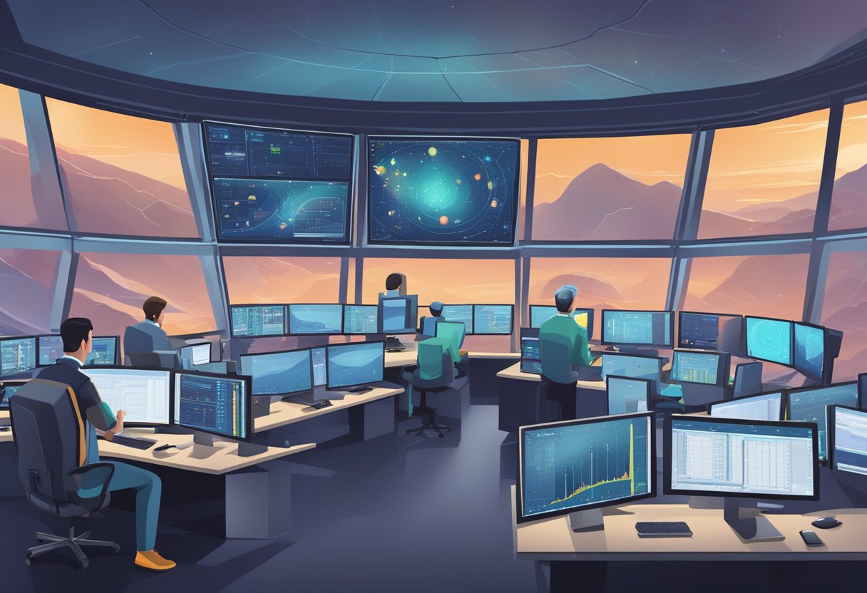 A control room with multiple screens displaying data and charts, engineers working at computer stations, and a large window overlooking a space launch pad