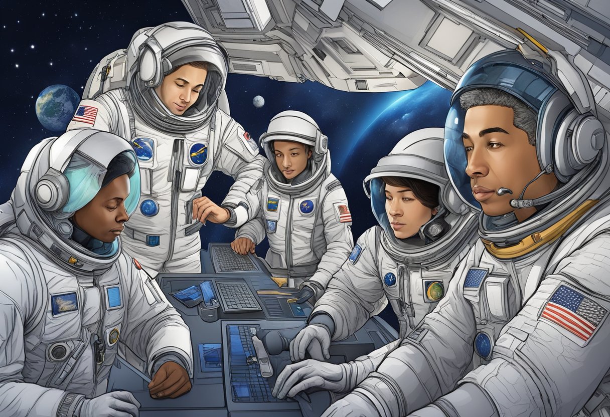 A group of diverse space professionals work together, tracking progress and assessing the space community's development on Earth and in outer space