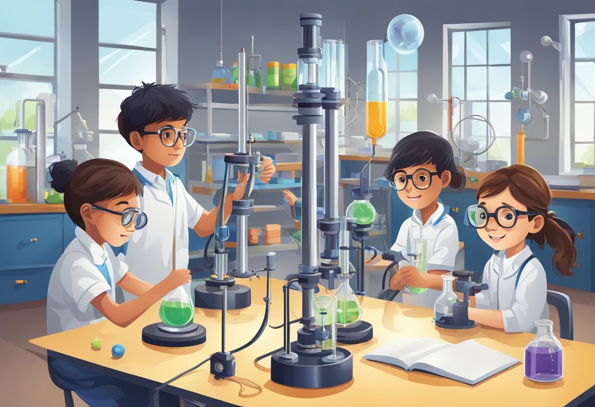 A group of upper primary students conduct advanced physics experiments in a well-equipped laboratory, using various tools and equipment to explore complex concepts