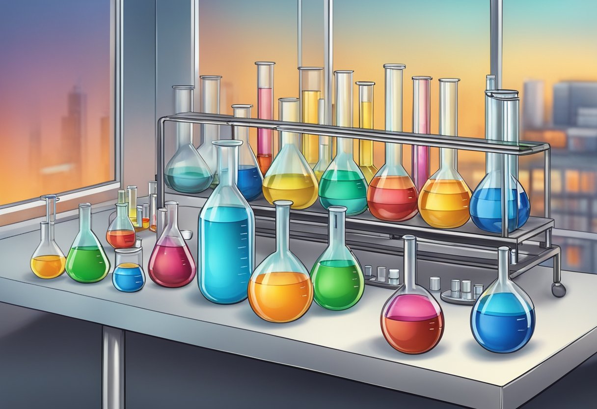 A lab table with beakers, test tubes, and various chemicals arranged for an advanced chemistry experiment demonstration
