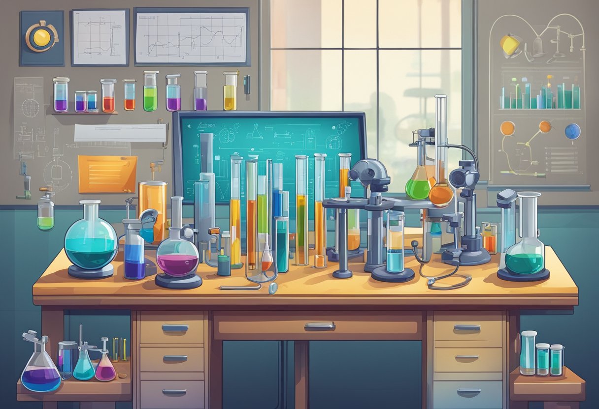 Fun and Educational Experiments for Primary Students: Science Activities Experiments for Primary Students,science,project LearningMole A colorful lab table with various scientific equipment, beakers, test tubes, and microscopes arranged neatly, surrounded by charts and diagrams on the wall