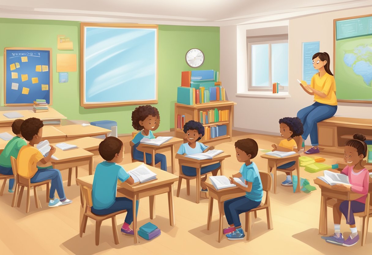 Real-Life Applications of Reading Comprehension in Primary Education: Helping Young Learners Navigate the World reading comprehension,comprehension LearningMole A classroom setting with young students engaged in various activities related to reading comprehension, such as reading aloud, discussing stories, and completing comprehension exercises