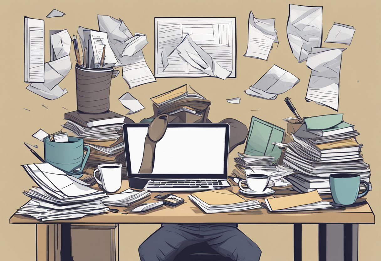 Creative Writing: Common Mistakes and How to Avoid Them - A Friendly Guide to Polishing Your Prose Creative Writing,Writing LearningMole Creative Writing: A cluttered desk with crumpled papers, a spilled coffee cup, and a frustrated writer staring at a blank screen