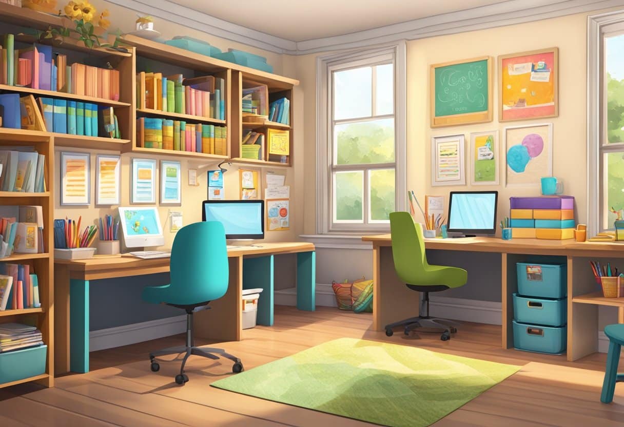Advanced Creative Writing Techniques for Upper Primary Classes: Sparking Imagination in 8-11 Year Olds creative writing LearningMole creative writing: A cozy writing center with colorful writing prompts, inspiring posters, and shelves filled with books and writing materials. A teacher's desk and comfortable seating complete the inviting space
