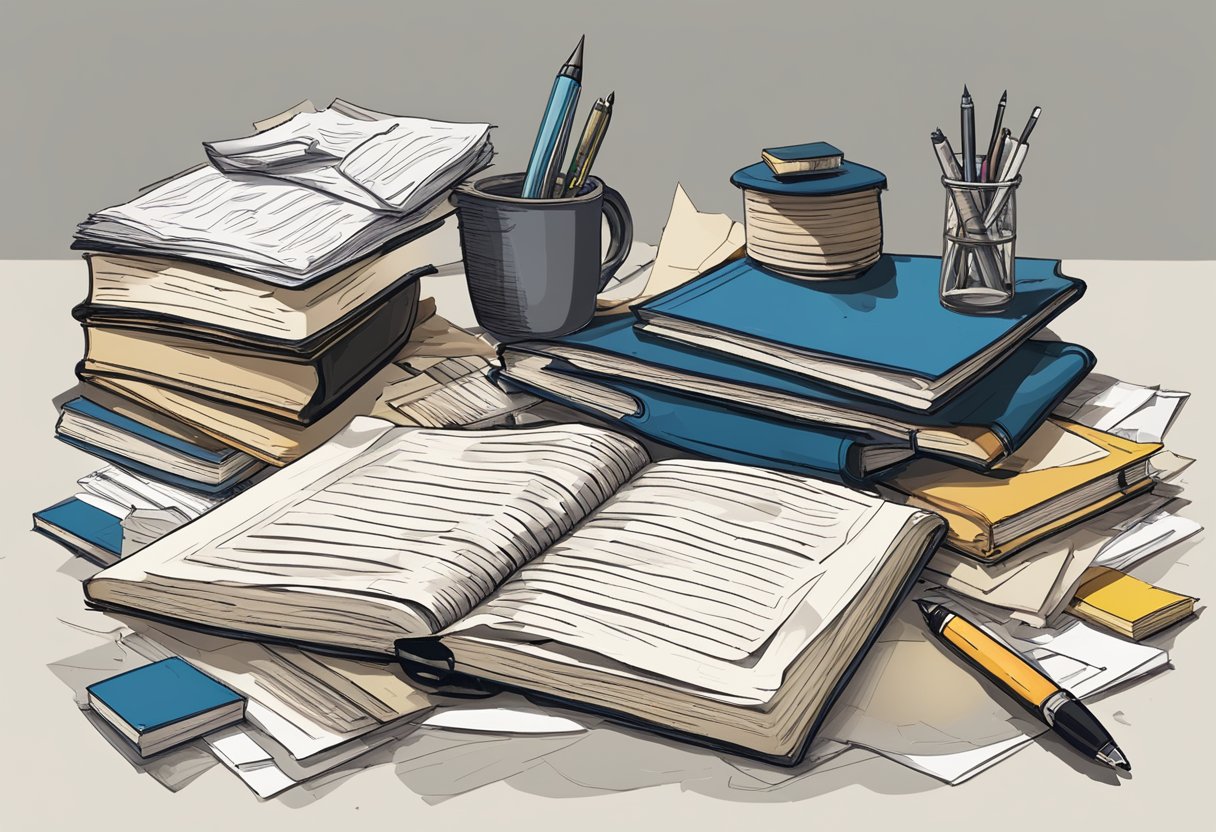 Creative Writing: Common Mistakes and How to Avoid Them - A Friendly Guide to Polishing Your Prose Creative Writing,Writing LearningMole Creative Writing: A cluttered desk with spilled ink, crumpled paper, and a stack of books. A pen lies abandoned next to a notebook filled with crossed-out sentences