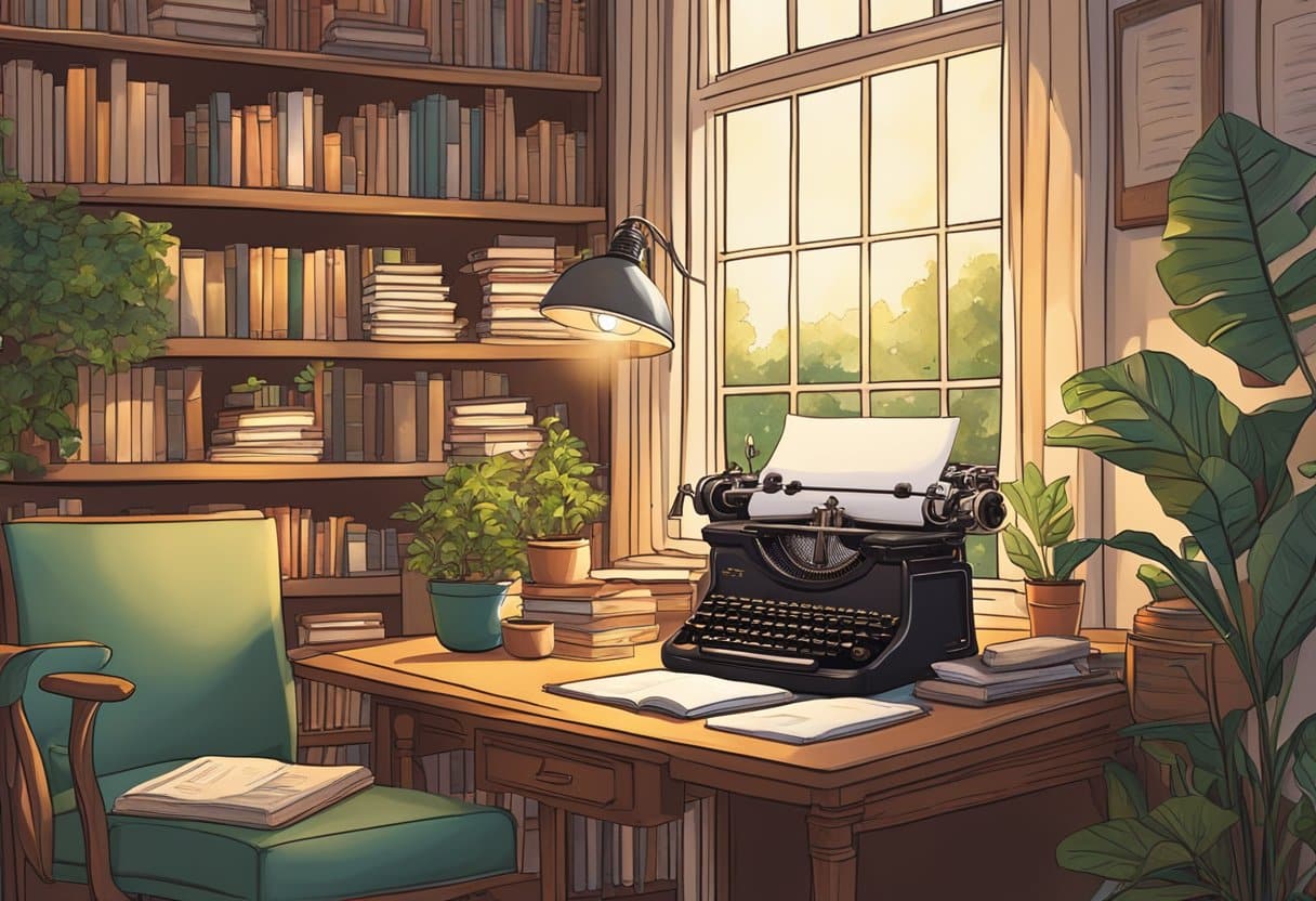 Exploring New Trends in Creative Writing Education: Fresh Approaches for Budding Writers creative writing LearningMole creative writing: A cozy writing nook with a vintage typewriter, a stack of books, and a window overlooking a lush garden. A desk lamp casts a warm glow on the creative space