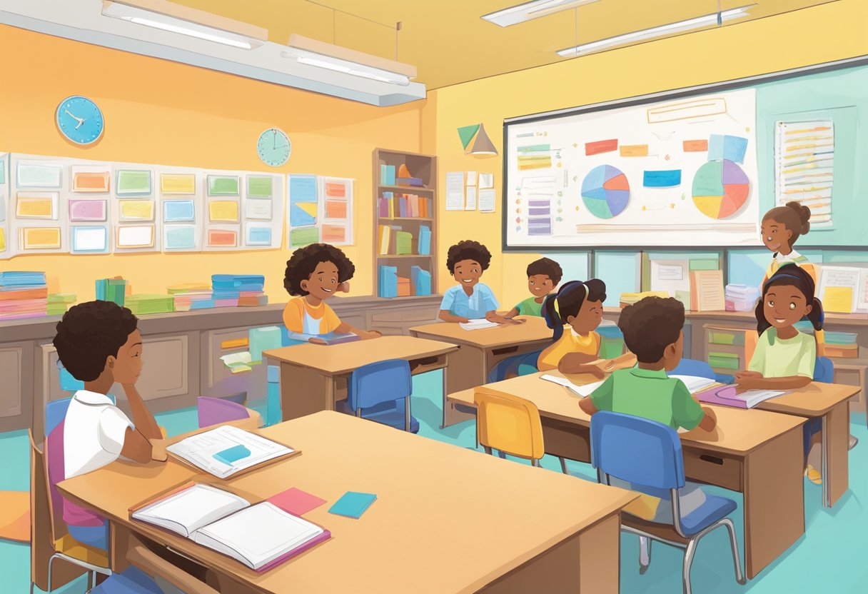 Students engaging in interactive grammar activities with colorful materials in a classroom setting