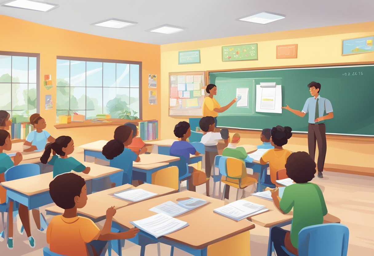 A classroom setting with students engaged in grammar activities, teacher leading the lesson, and visual aids displayed around the room