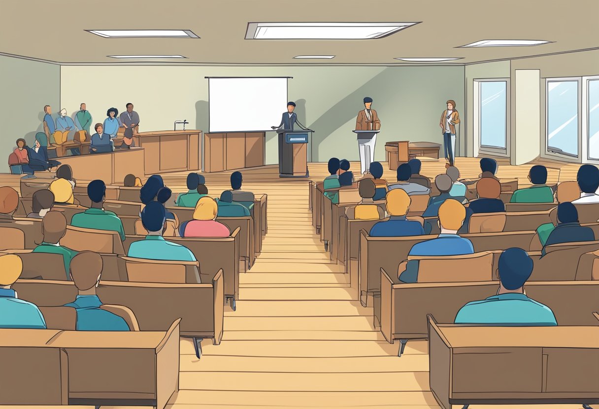 6 New Public Speaking & Presentation Techniques for Young Communicators public speaking,Presentation LearningMole A classroom setting with a podium, microphone, and attentive audience