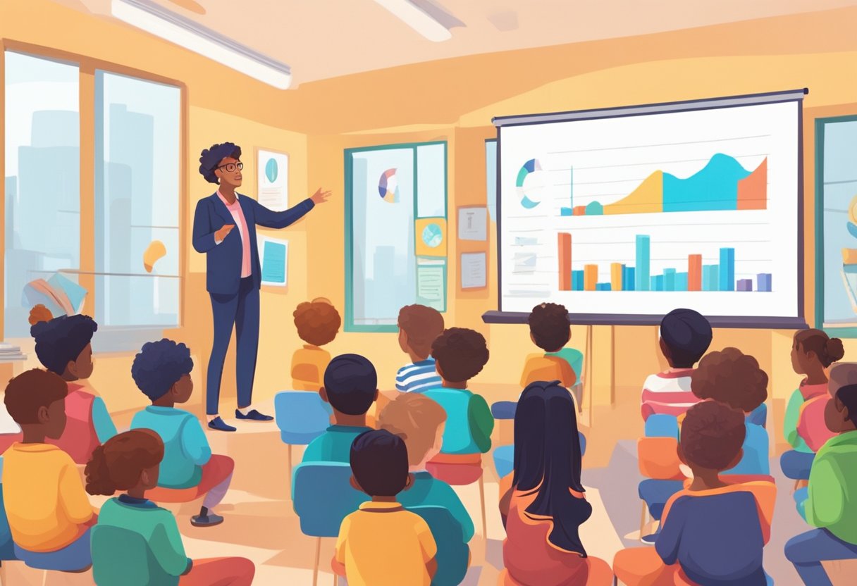 6 New Public Speaking & Presentation Techniques for Young Communicators public speaking,Presentation LearningMole A confident speaker stands at a podium, addressing a group of attentive upper primary students. The room is filled with eager faces and colorful visual aids