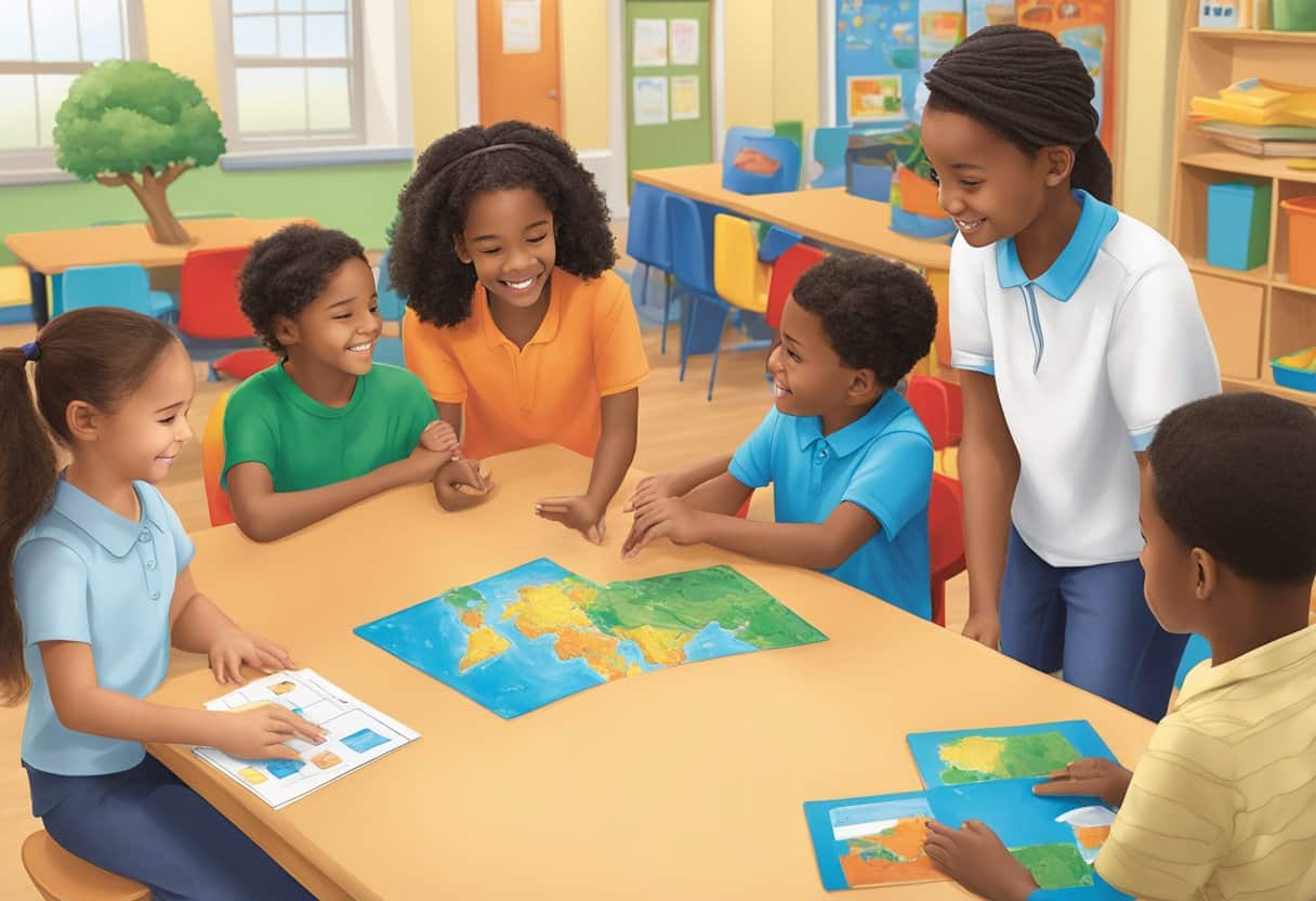 Real-Life Applications of World Languages in Primary Education: Engaging Young Minds Through Everyday Culture World Languages,Languages LearningMole World Languages: A diverse group of young students engage in interactive language activities, using props and visual aids to practice real-life communication scenarios in a vibrant classroom setting