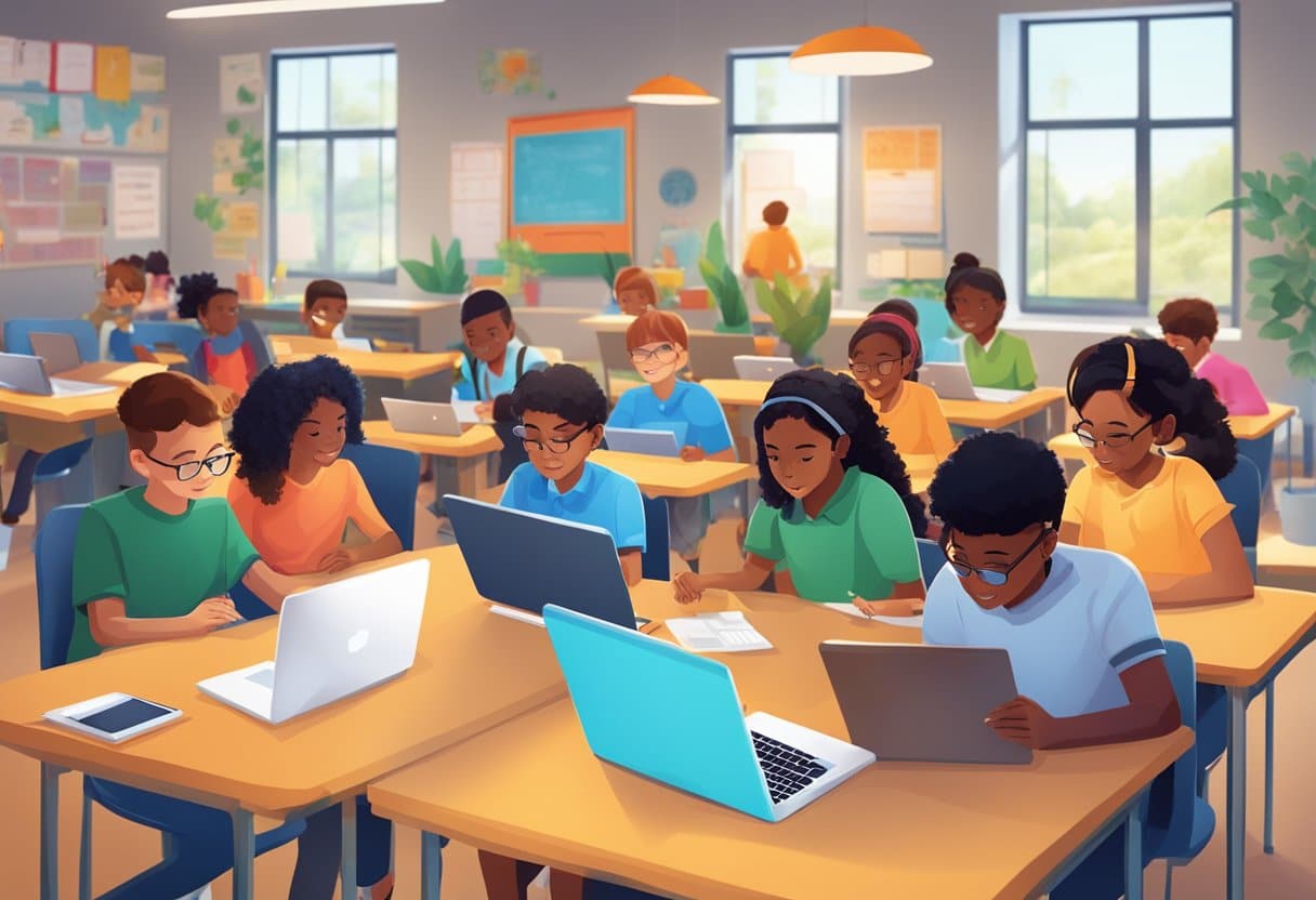 Exploring New Trends in World Languages Education: Fresh Approaches World Languages,Languages,technology LearningMole World Languages: A diverse group of students engage in language learning activities using modern technology and traditional resources in a vibrant classroom setting