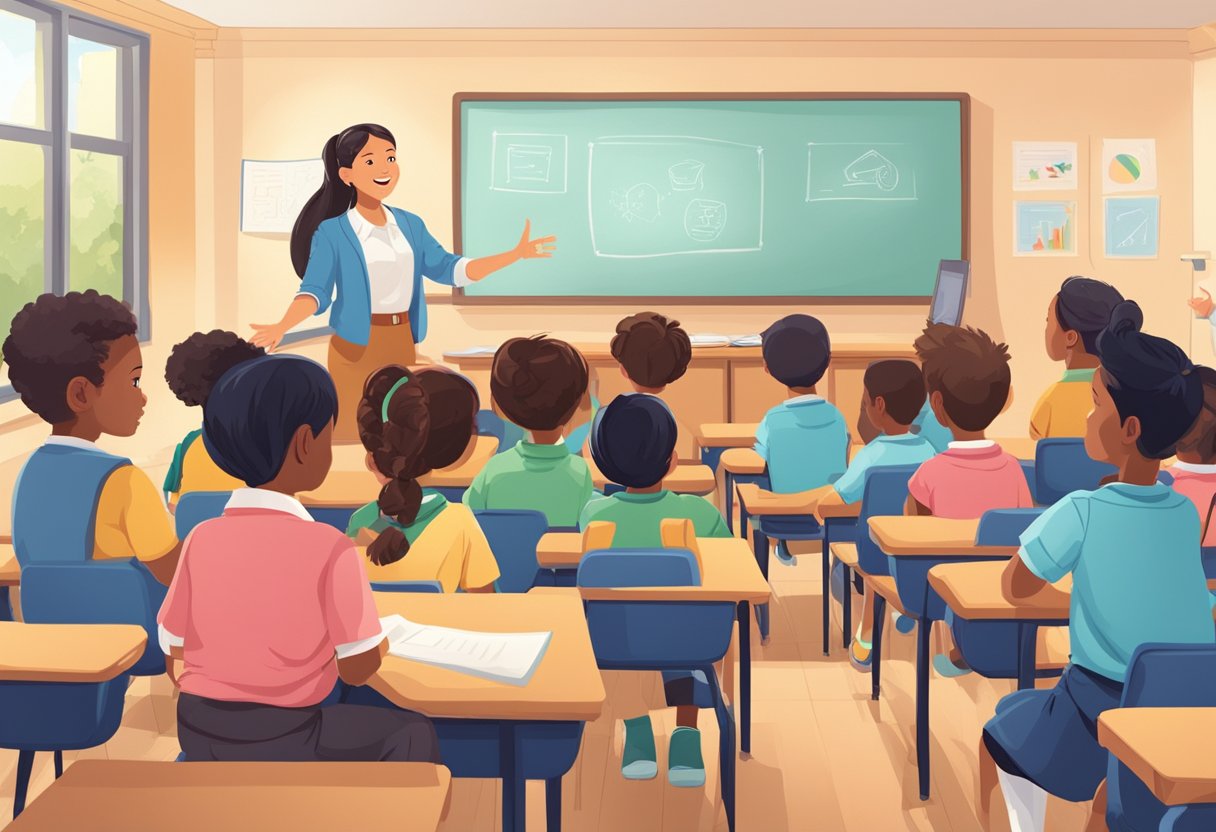 A group of primary students sit attentively in a classroom, while a confident speaker stands at the front, gesturing and engaging the audience