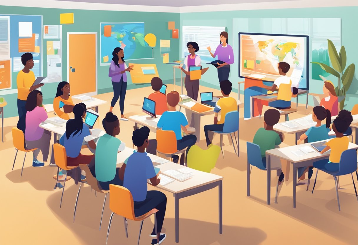 Case Studies: Successful World Languages Projects in Schools - Inspiring Examples from UK Classrooms World Language,languages LearningMole World Language: A diverse group of students engage in interactive language learning activities in a modern classroom setting, surrounded by colorful educational materials and technology