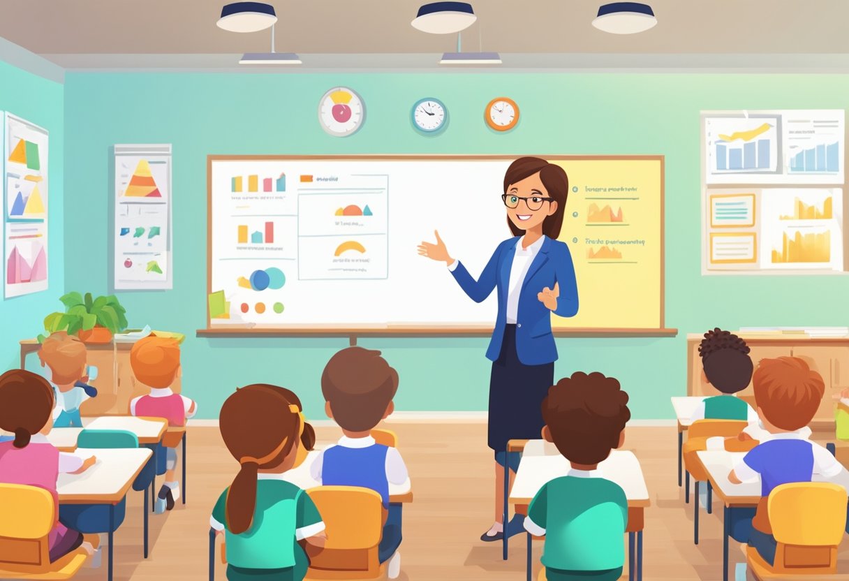 Comprehensive Guide to Public Speaking and Presentation for Primary Students public speaking,presentation LearningMole A primary school classroom with a teacher standing in front of a whiteboard, gesturing to a colorful visual aid poster about public speaking and presentation