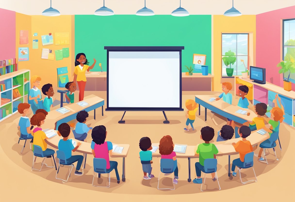 Fun Tips for Interactive Public Speaking and Presentation Resources public speaking,presentation LearningMole A colorful classroom with a large interactive screen, enthusiastic young learners, and engaging presentation resources
