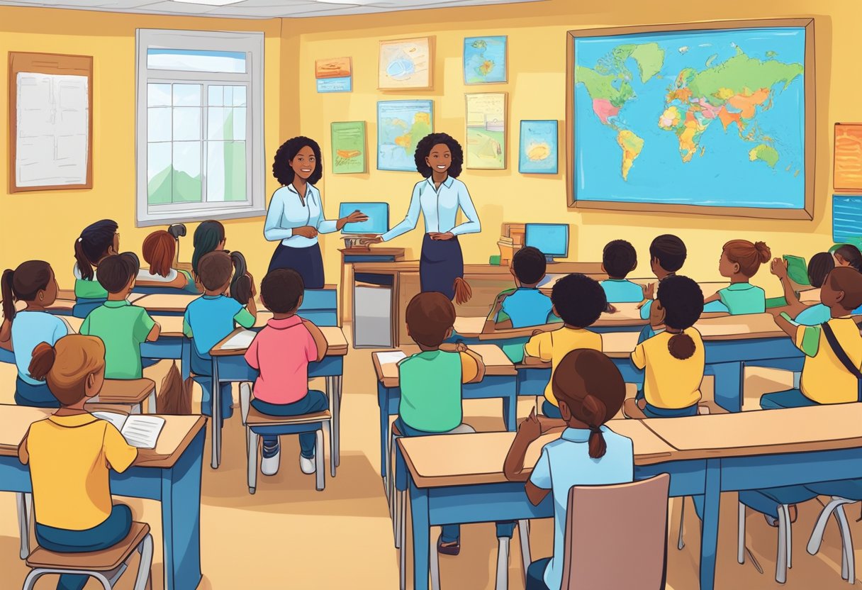 Comprehensive Guide to Public Speaking and Presentation for Primary Students public speaking,presentation LearningMole A primary school classroom filled with eager students, a teacher at the front, and a colorful poster titled "Pathways to Becoming a Professional Speaker."